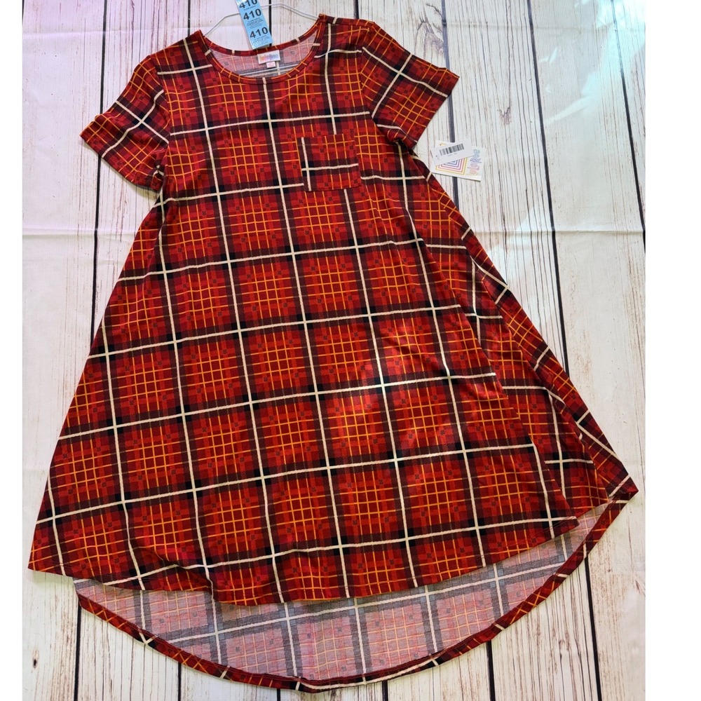 LuLaRoe Carly Dress XS Red Orange Plaid High Low Short Sleeve Pocket Swing Dress